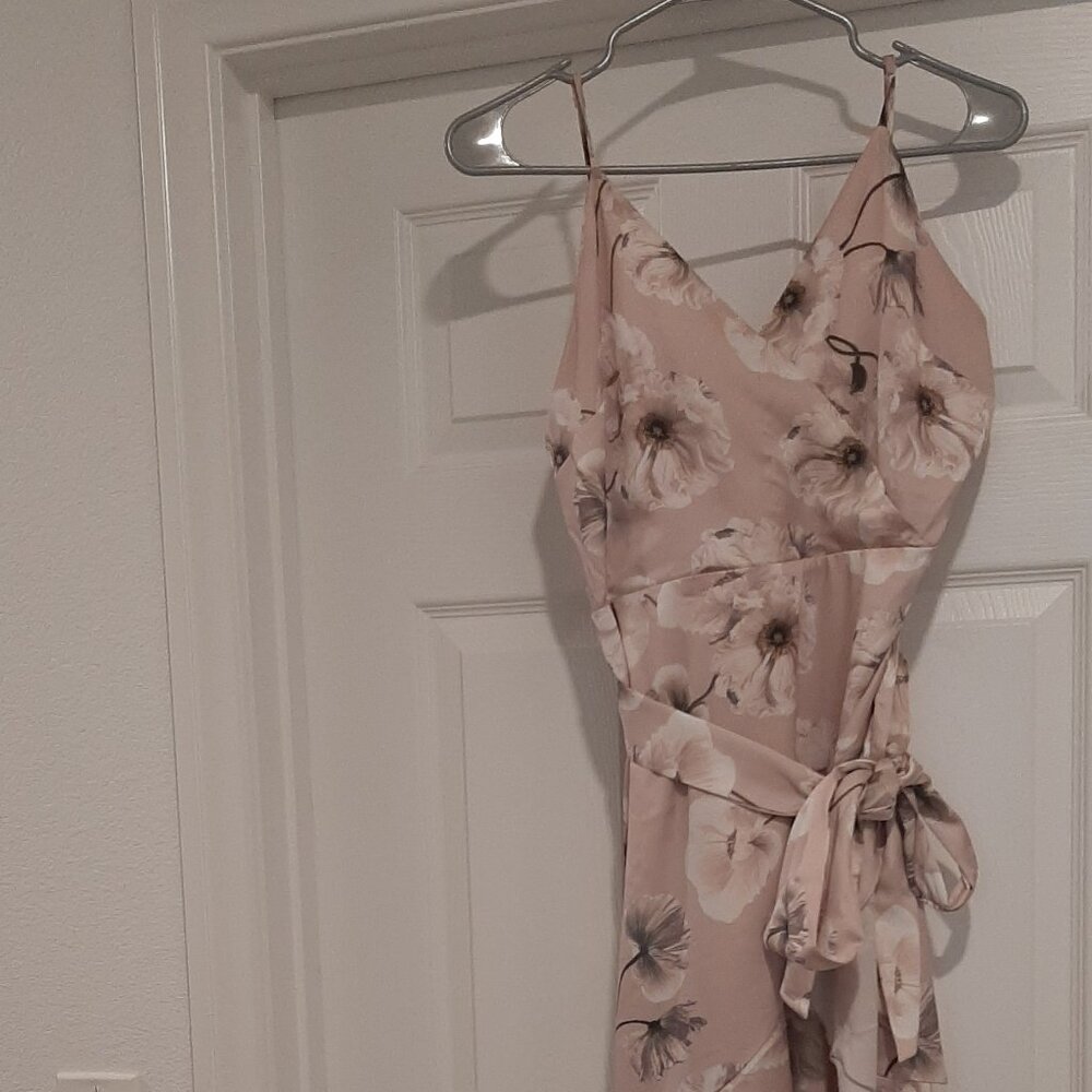 Express Printed Satin Ruffle Tie Waist Hi-Lo Maxi Dress